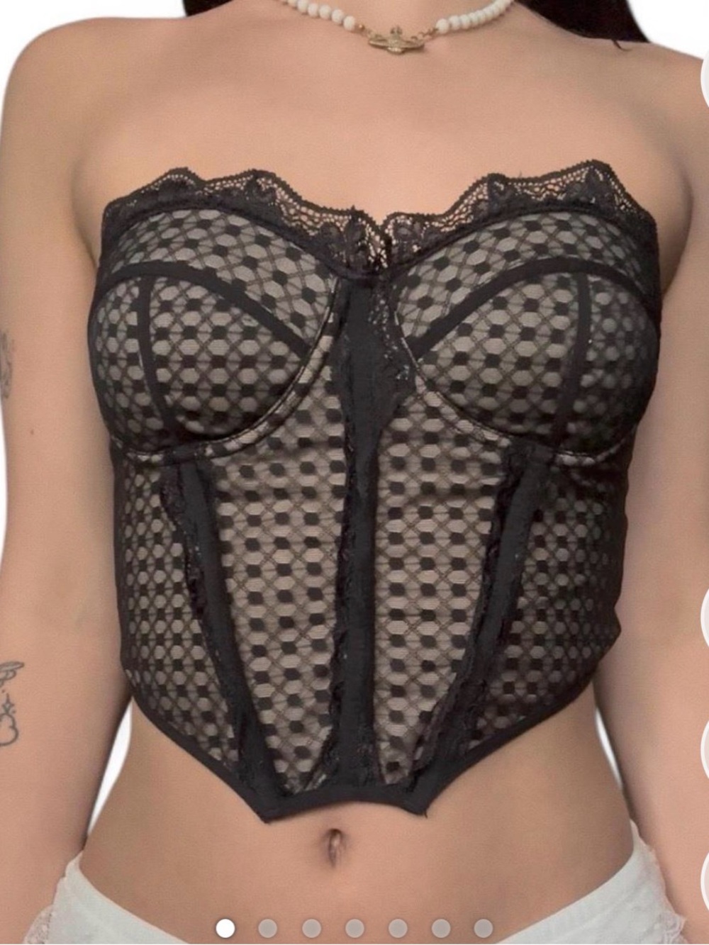 black lace mesh corset top with boning, grey detailing